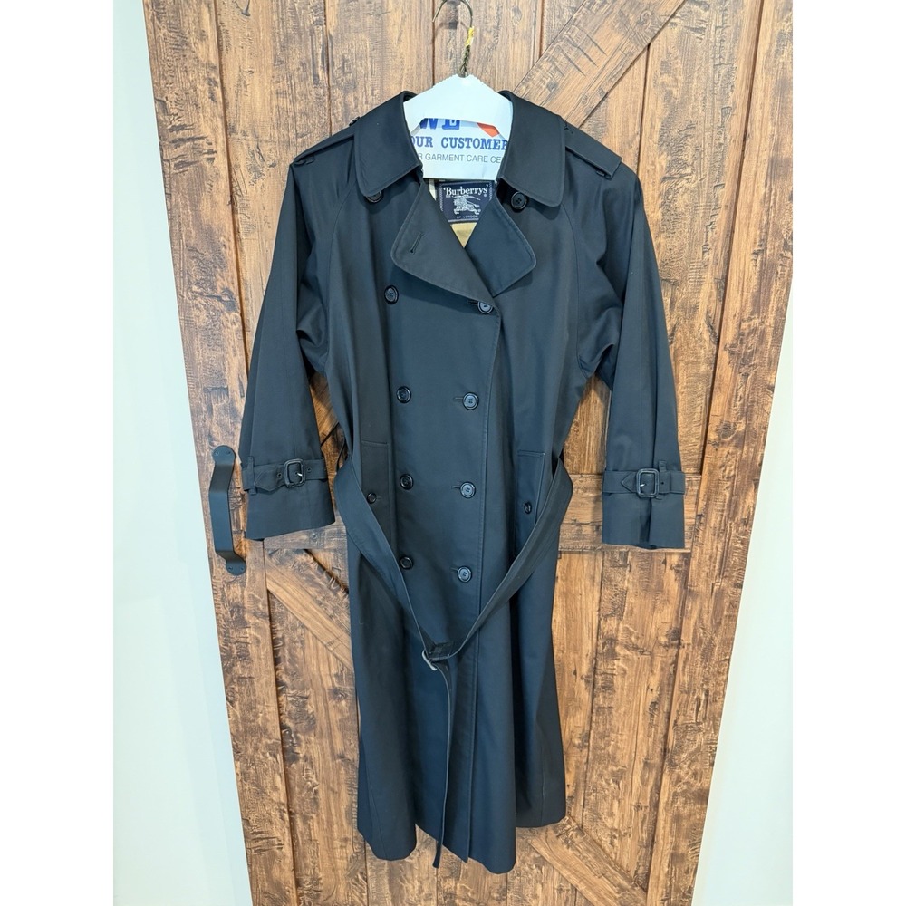 Burberry Vintage Trench Coat Black Belted with Nova Check Liner Women's 8 Long